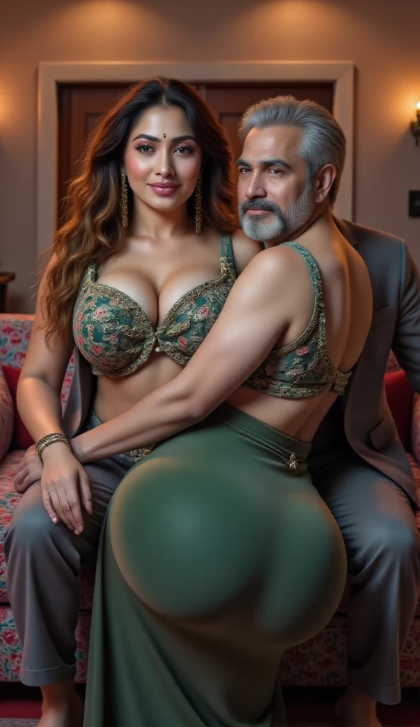 Indian couple, tall hot healthy curvy physique mom body white skin toned south indian white skin curvy girl with long black and yellow color dyed hair, simple black bindhi, thick thighs, big perfect curvy round ass, woman wearing sexy dress(big breast and ass), indian mix african dark skin rugged old man with fat body half bald salt and pepper color hairstyle and beard, old man wearing suit, old man sitting on sofa woman sitting on sofa next to man from side wrapping her hand around man, in room, full body view, man and woman looking at camera, pokies