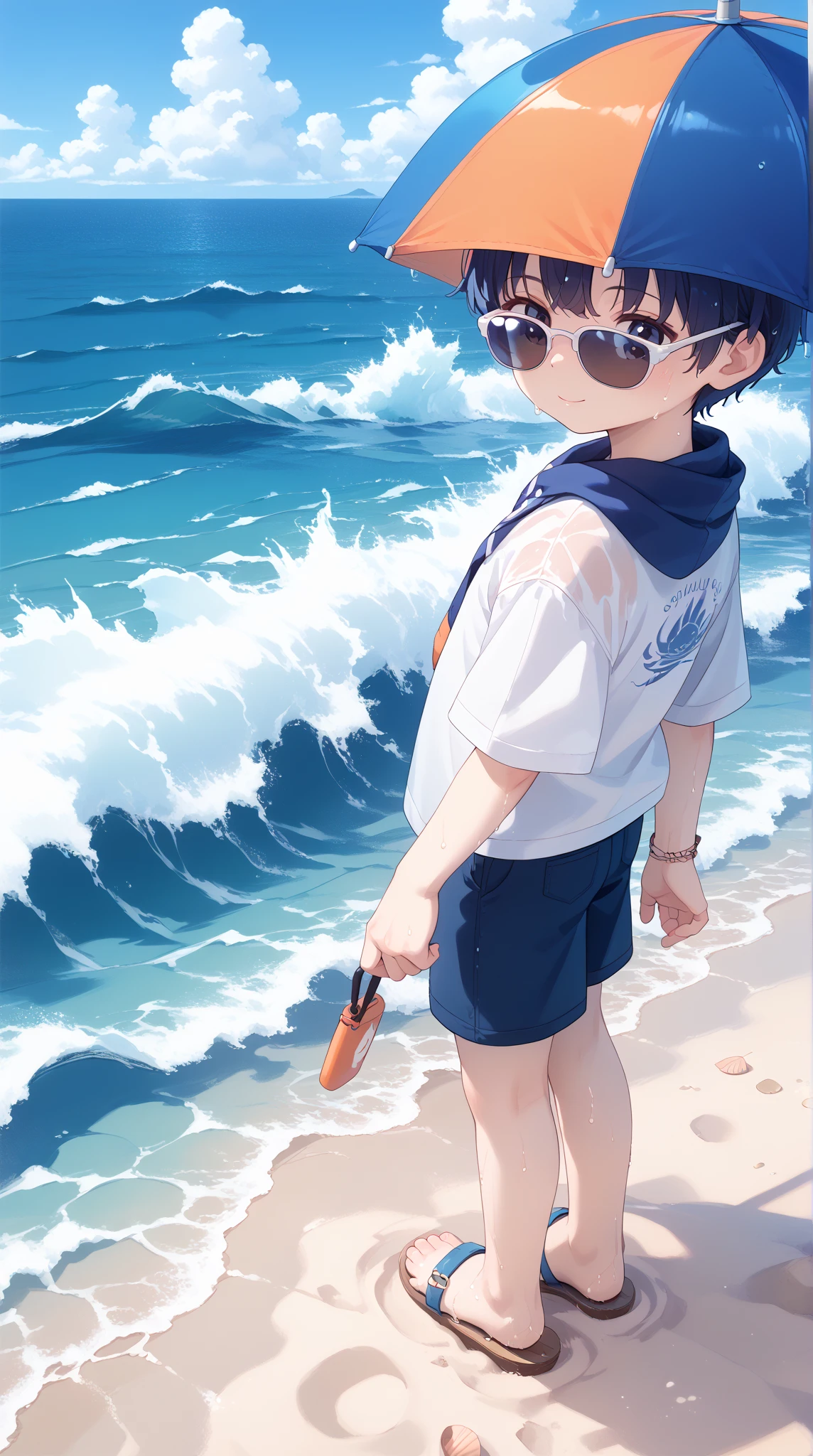 A breathtaking anime scene of a tranquil beach at sunset. The horizon glows in shades of orange, pink, and purple, reflecting on the calm waves of the ocean. A lone anime boy, wearing casual summer clothes, stands barefoot at the water's edge, his back to the viewer. He holds his sandals in one hand, while the other brushes through his wind-tousled hair. Seagulls fly in the distance, and the footprints he left behind trail along the wet sand. The atmosphere is quiet and contemplative, with soft waves lapping at the shore.