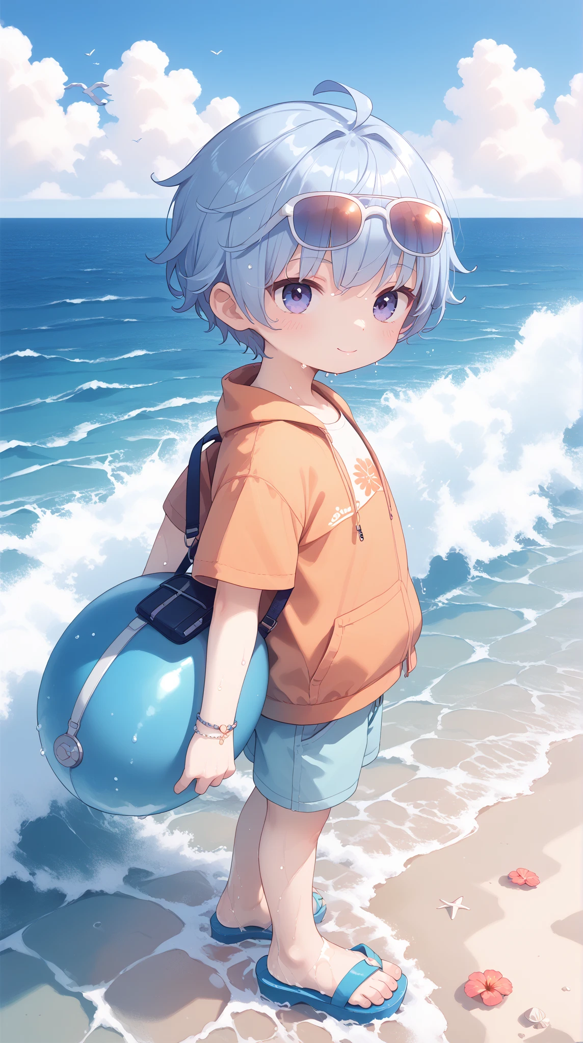 A breathtaking anime scene of a tranquil beach at sunset. The horizon glows in shades of orange, pink, and purple, reflecting on the calm waves of the ocean. A lone anime boy, wearing casual summer clothes, stands barefoot at the water's edge, his back to the viewer. He holds his sandals in one hand, while the other brushes through his wind-tousled hair. Seagulls fly in the distance, and the footprints he left behind trail along the wet sand. The atmosphere is quiet and contemplative, with soft waves lapping at the shore.