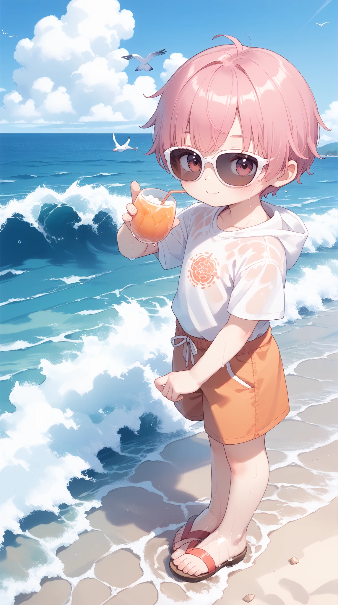 A breathtaking anime scene of a tranquil beach at sunset. The horizon glows in shades of orange, pink, and purple, reflecting on the calm waves of the ocean. A lone anime boy, wearing casual summer clothes, stands barefoot at the water's edge, his back to the viewer. He holds his sandals in one hand, while the other brushes through his wind-tousled hair. Seagulls fly in the distance, and the footprints he left behind trail along the wet sand. The atmosphere is quiet and contemplative, with soft waves lapping at the shore.