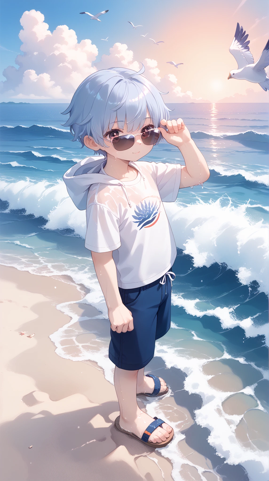 A breathtaking anime scene of a tranquil beach at sunset. The horizon glows in shades of orange, pink, and purple, reflecting on the calm waves of the ocean. A lone anime boy, wearing casual summer clothes, stands barefoot at the water's edge, his back to the viewer. He holds his sandals in one hand, while the other brushes through his wind-tousled hair. Seagulls fly in the distance, and the footprints he left behind trail along the wet sand. The atmosphere is quiet and contemplative, with soft waves lapping at the shore.