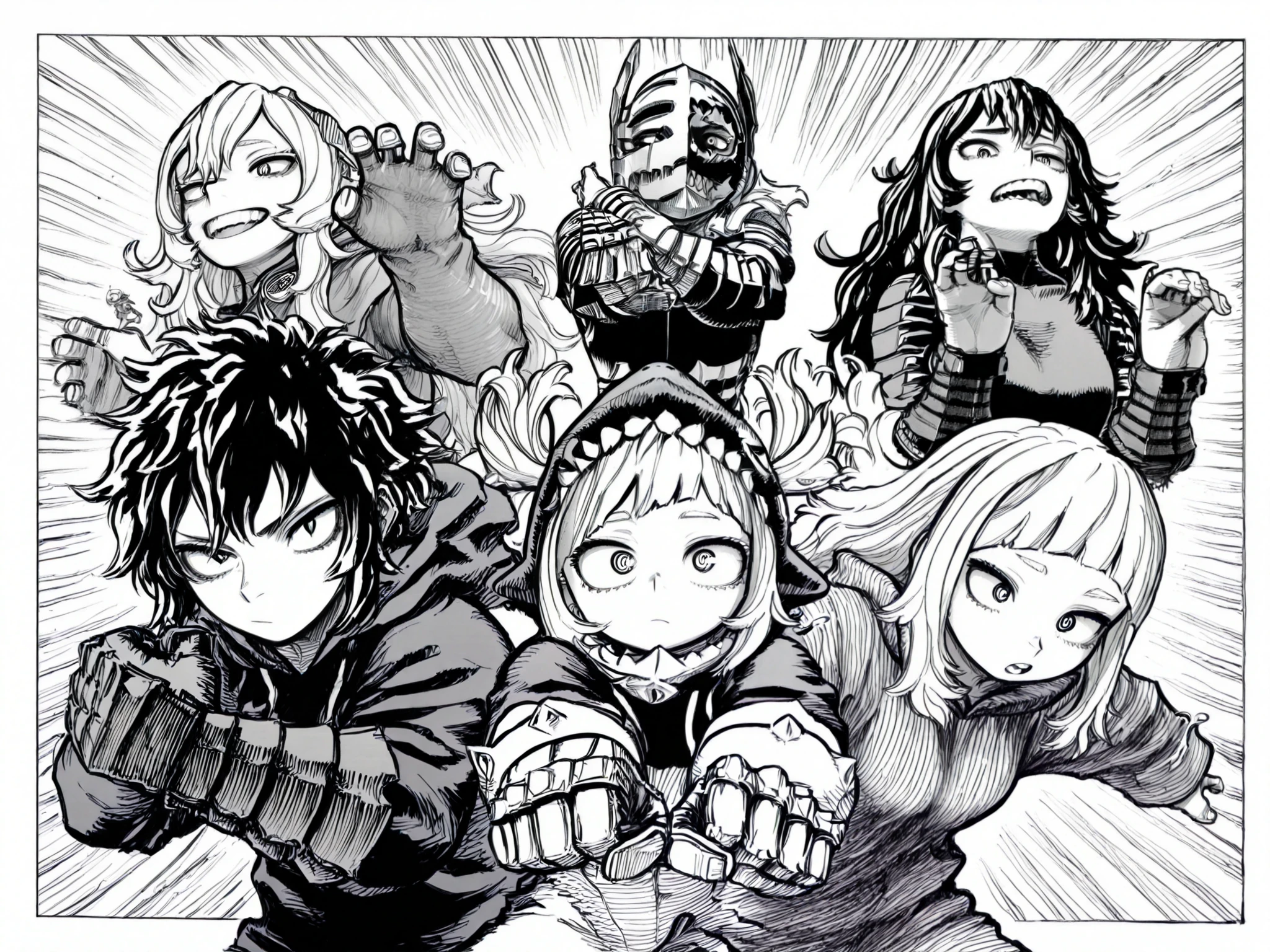 score_9, score_8_up, score_7_up, score_6_up, score_5_up, score_4_up, Kohei Horikoshi, My Hero Academia, kentaro_miura_style, monochrome, greyscale
BREAK
(masterpiece: 1.0), best quality, monochrome, greyscale, crosshatching, directional hatching, gradients in shading, perfection, highly detailed hatching /texture/, extremely shaded
BREAK
4girls, Asian, dynamic pose, foreshortening, shark finned gauntlets, shark finned hoodie, half mask, action pose, high angle, 