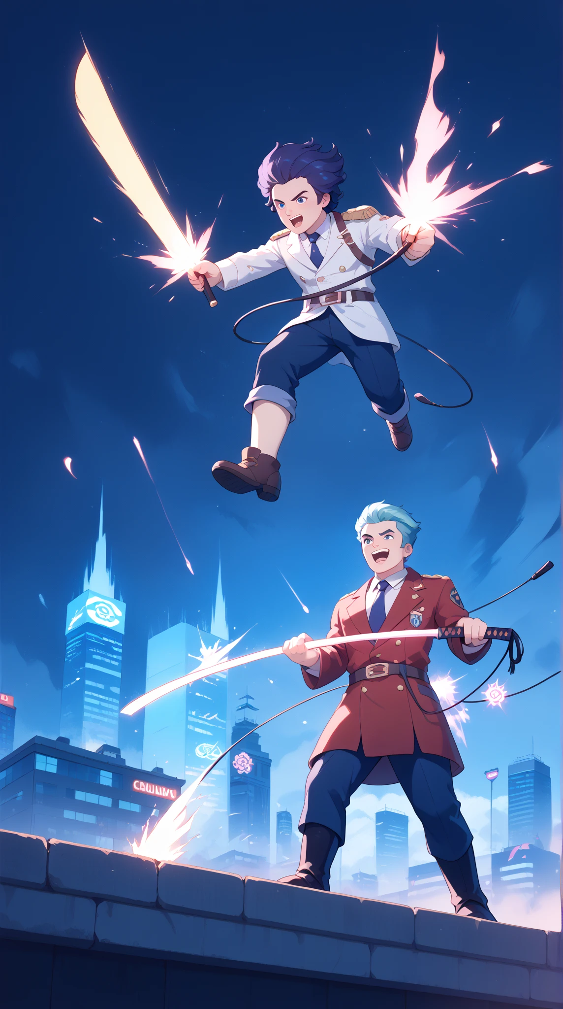 An intense anime battle scene on a high-rise rooftop at night. The city below is illuminated by neon lights and towering skyscrapers. Two characters—one wielding a glowing katana, the other surrounded by swirling dark energy—face off, their silhouettes stark against the moonlit sky. The wind howls, whipping their hair and clothes dramatically. Sparks fly as their weapons clash, sending shockwaves that crack the rooftop tiles. Thunder rumbles in the distance, hinting at an approaching storm. The scene is dynamic and charged with energy, with a sense of high stakes and drama.