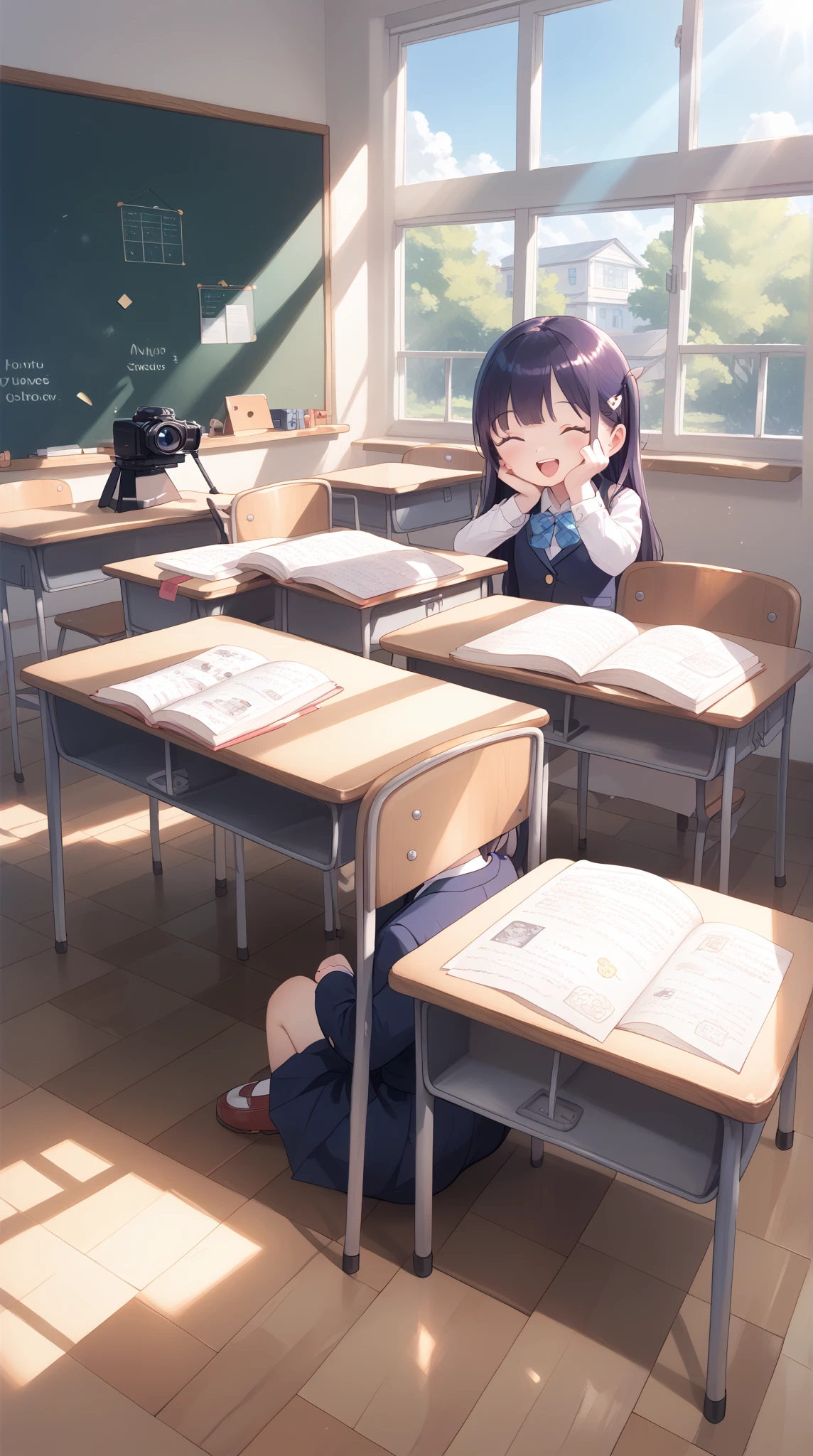 A cheerful anime scene in a lively high school classroom during lunchtime. The desks are slightly disorganized, with books, bento boxes, and notebooks scattered around. A group of friends gathers by the window, laughing and chatting while sharing their lunches. Sunlight streams through the large windows, casting warm rays on the wooden floor. A shy girl sits at her desk in the corner, peeking over her book to watch the group with a small, hopeful smile. The blackboard behind her is filled with doodles and chalk notes. The mood is lighthearted and nostalgic, capturing the simplicity of everyday school life.