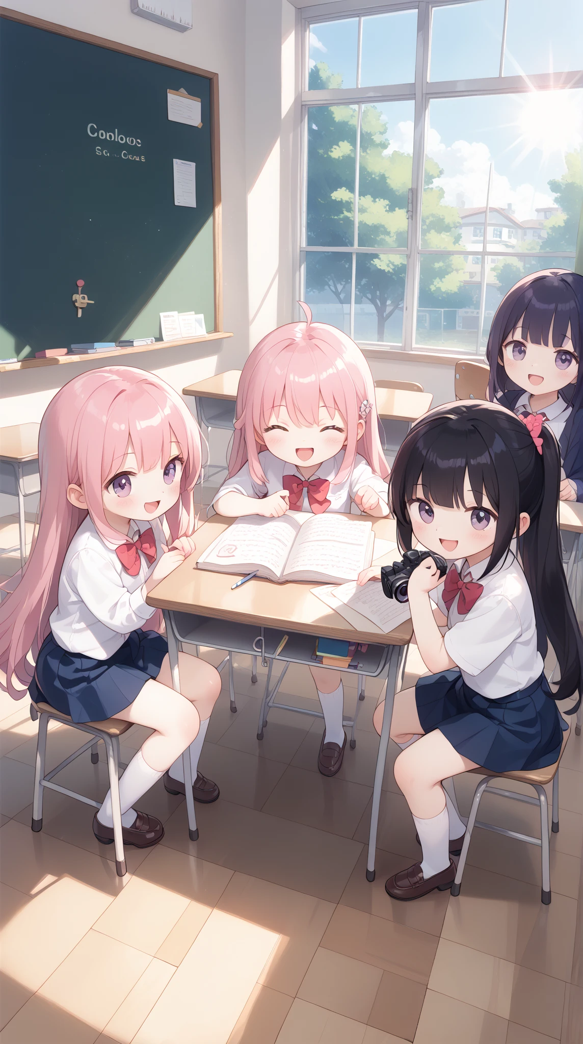 A cheerful anime scene in a lively high school classroom during lunchtime. The desks are slightly disorganized, with books, bento boxes, and notebooks scattered around. A group of friends gathers by the window, laughing and chatting while sharing their lunches. Sunlight streams through the large windows, casting warm rays on the wooden floor. A shy girl sits at her desk in the corner, peeking over her book to watch the group with a small, hopeful smile. The blackboard behind her is filled with doodles and chalk notes. The mood is lighthearted and nostalgic, capturing the simplicity of everyday school life.