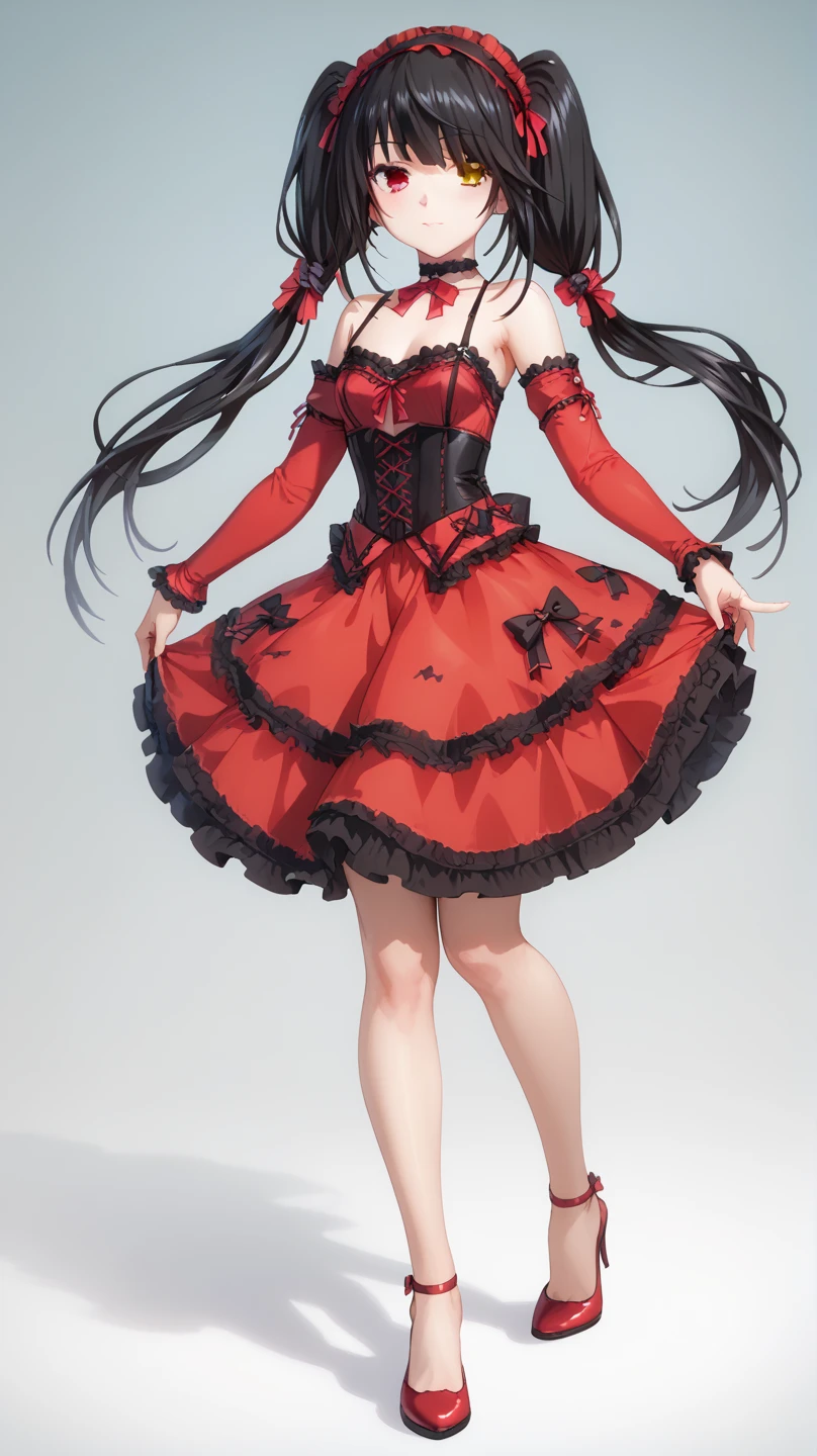 Sexy kurumi tokisaki astral dress, long hair, black hair, red eyes, twintails, yellow eyes, hairband, heterochromia, dress, red dress, bare shoulders, collarbone, choker, bowtie, red bowtie, detached sleeves, corset, frills, full body,