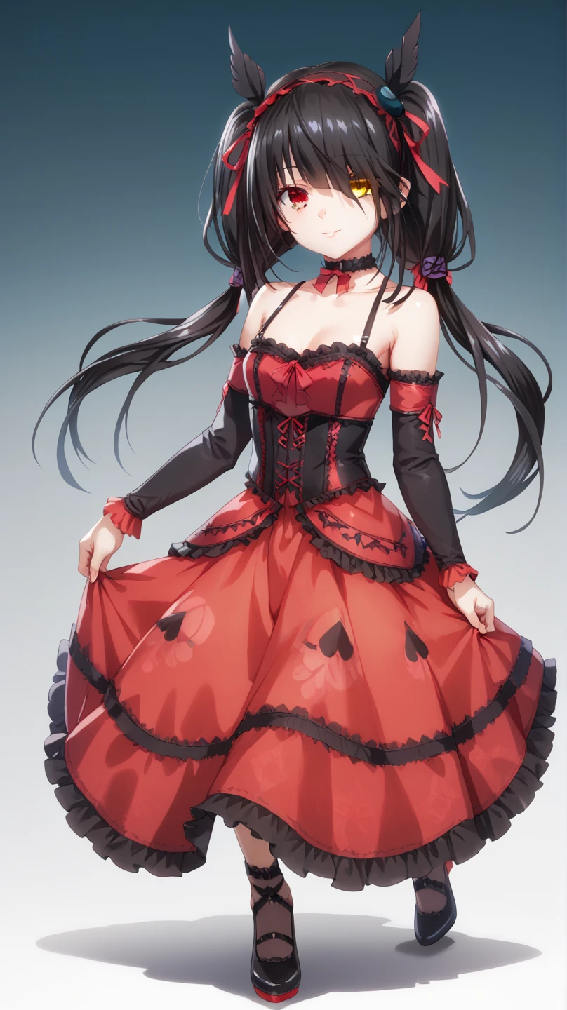 Sexy kurumi tokisaki astral dress, long hair, black hair, red eyes, twintails, yellow eyes, hairband, heterochromia, dress, red dress, bare shoulders, collarbone, choker, bowtie, red bowtie, detached sleeves, corset, frills, full body,