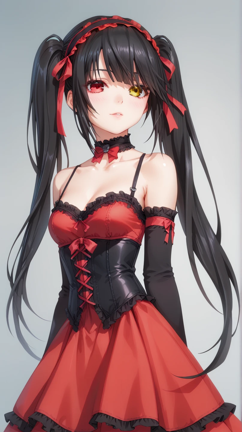 Sexy kurumi tokisaki astral dress, long hair, black hair, red eyes, twintails, yellow eyes, hairband, heterochromia, dress, red dress, bare shoulders, collarbone, choker, bowtie, red bowtie, detached sleeves, corset, frills, full body,