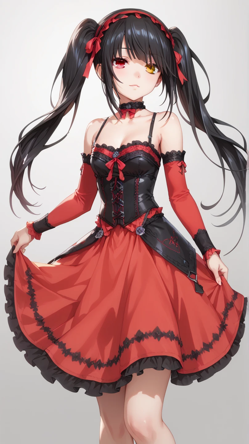 Sexy kurumi tokisaki astral dress, long hair, black hair, red eyes, twintails, yellow eyes, hairband, heterochromia, dress, red dress, bare shoulders, collarbone, choker, bowtie, red bowtie, detached sleeves, corset, frills, full body,