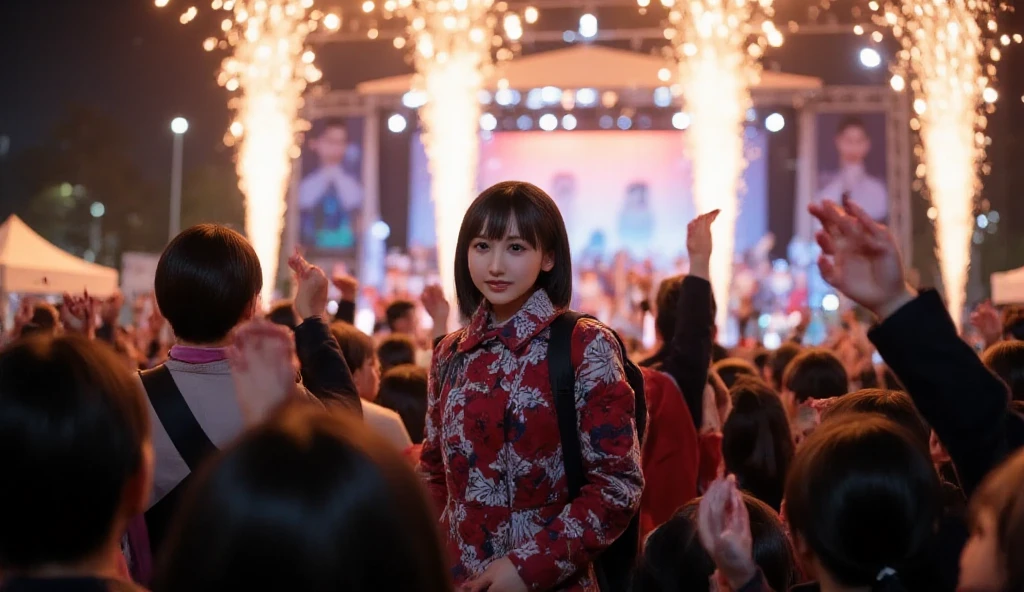 A vibrant and festive New Year  scene at night, featuring a crowd of people celebrating outdoors. The focus is on silhouetted figures with their hands raised in joy and excitement, facing a dazzling display of fireworks lighting up the night sky. The fireworks are colorful and dynamic, casting warm and golden hues over the crowd and creating a magical atmosphere. In the foreground, a girl is standing slightly apart from the crowd, but she is turning back toward the viewer, her face illuminated by the warm glow of the fireworks. She has a welcoming and cheerful expression, her arm extended toward the viewer as if inviting them to join the celebration. She is wearing a stylish winter coat and scarf, with her hair slightly tousled by the cool evening breeze. The background features a stage with blurred performers and warm lighting, adding to the energy of the celebration. The scene conveys excitement, warmth, and an inviting sense of joy as the New Year begins.