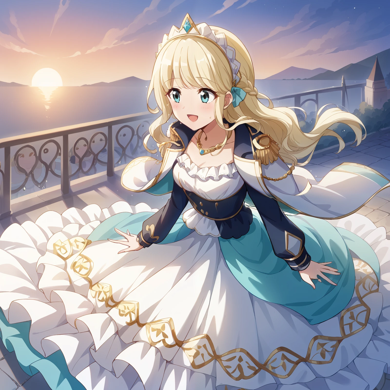 score_9, score_8_consolation, score_7_consolation, score_6_consolation, 1 woman, Shiori, Blonde hair , Long hair ,A jacket over the shoulder, Epolite , headdress, cold wind, Princess Dress , long dress, seafront, sunset, Happy , necklace
