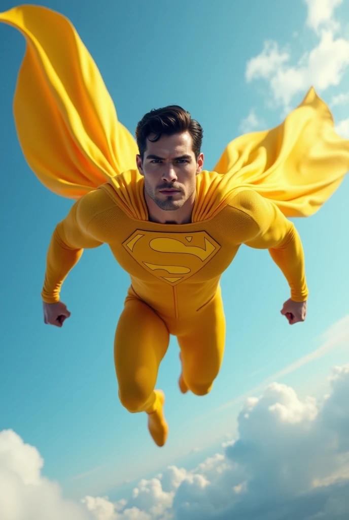 Superman flies through the sky in a or full yellow suit - SeaArt AI