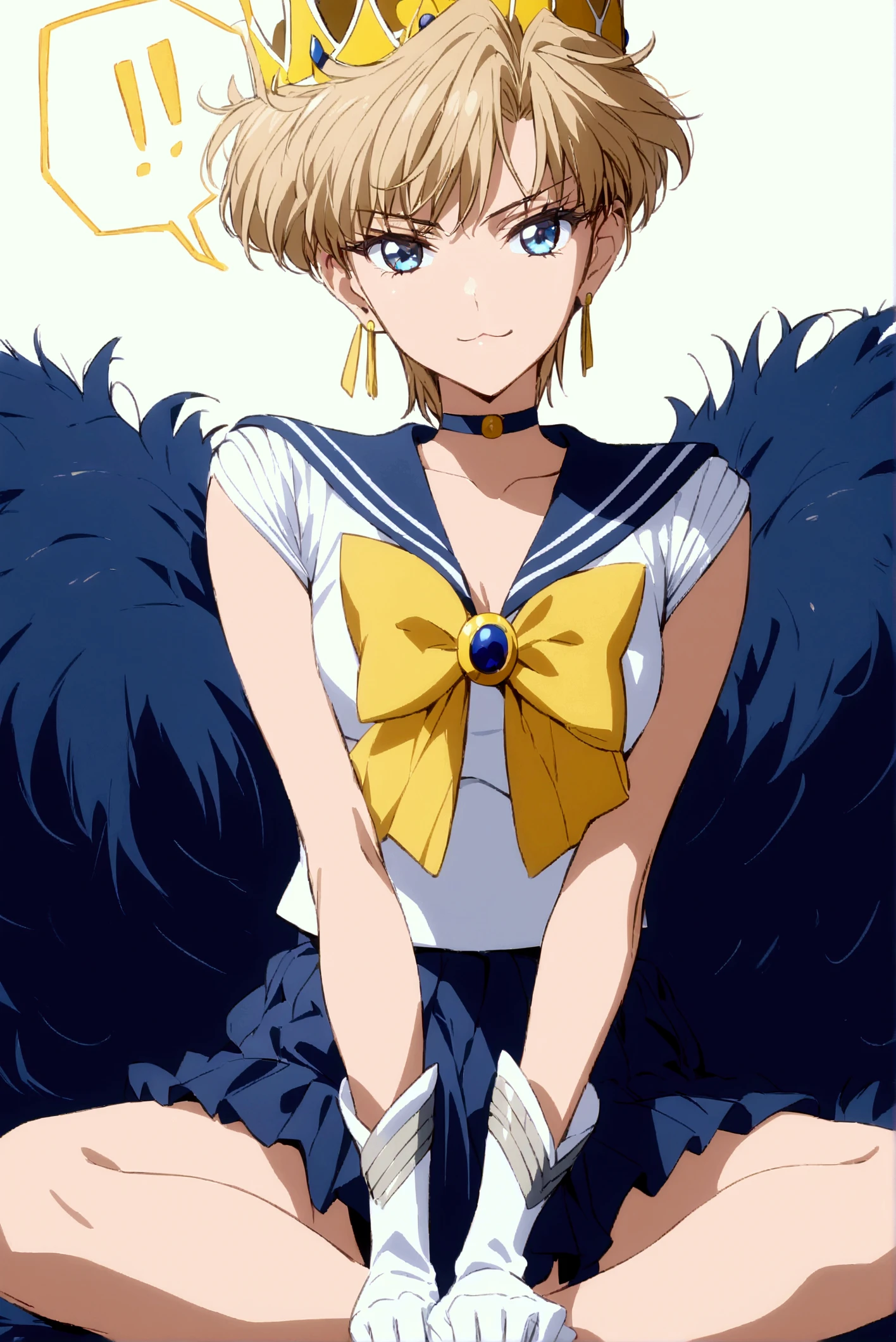  top quality ,  ultra detail, ( 1 girl, Alone,  Sailor Uranus,  very short hair,  crown,   jewelry,  earrings for women with first name,  choker ,  yellow ribbon,   white gloves, Short gloves,  ,,  is sitting, :3,),,  On a Fur Rug ,