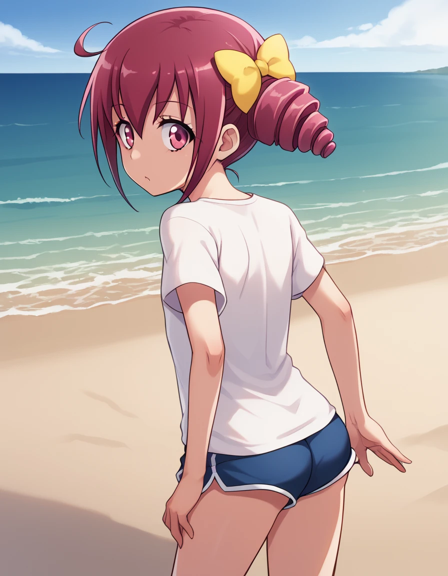 score_9,  source_Anime, rating_SAFETY BREAK 1GIRL , solo
hoshizora miyuki ,  pink hair,  twin drill, pink eye,((((T-Shirts、Shorts))))、( flat chest)、(beach)、((Backwards、 Looking Back))