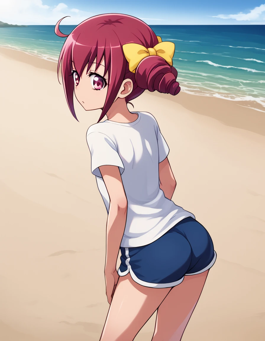 score_9,  source_Anime, rating_SAFETY BREAK 1GIRL , solo
hoshizora miyuki ,  pink hair,  twin drill, pink eye,((((T-Shirts、Shorts))))、( flat chest)、(beach)、((Backwards、 Looking Back))