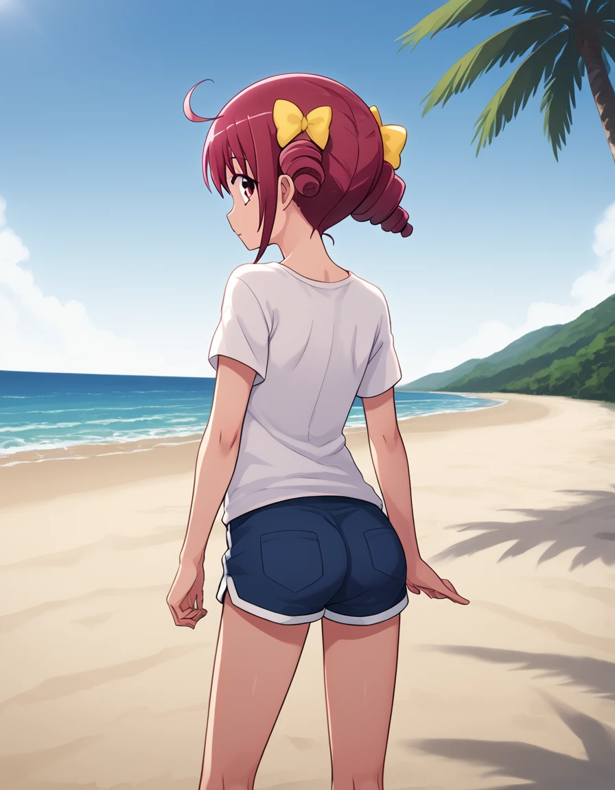 score_9,  source_Anime, rating_SAFETY BREAK 1GIRL , solo
hoshizora miyuki ,  pink hair,  twin drill, pink eye,((((T-Shirts、Shorts))))、( flat chest)、(beach)、((Backwards、 Looking Back))