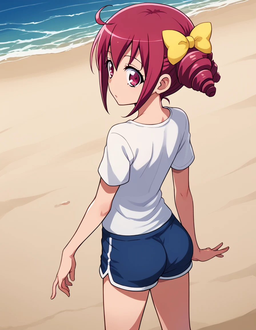 score_9,  source_Anime, rating_SAFETY BREAK 1GIRL , solo
hoshizora miyuki ,  pink hair,  twin drill, pink eye,((((T-Shirts、Shorts))))、( flat chest)、(beach)、((Backwards、 Looking Back))