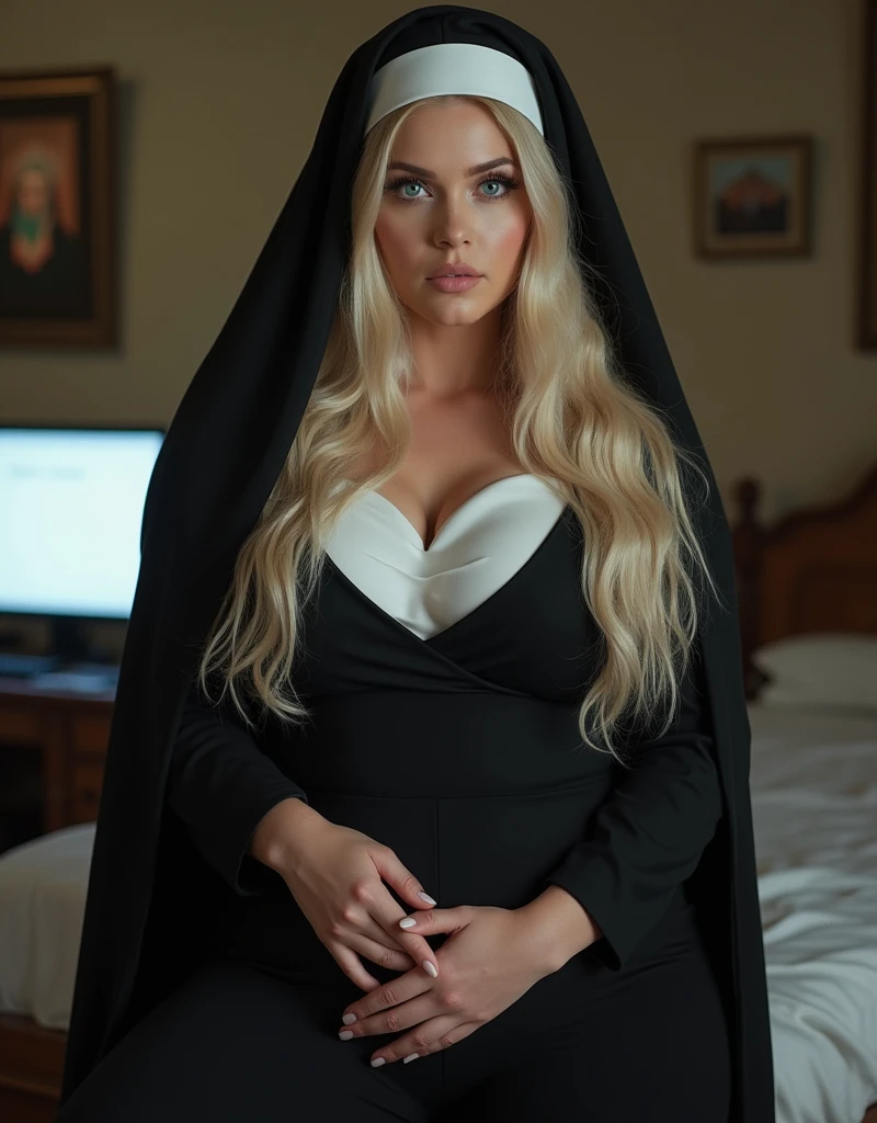 (masterpiece, best quality:1.4), portrait Solo, 50 years old, Pure blond straight hair, (long hair) (((straight hair))), Detailed hair, Blue Eyes, beautiful eyes, light on the face, pale skin, a 50 year old mysterious, dark, woman, nun, naked full body, show pussy, show tits, wearing nun short, sitting on desk,dildo in pussy , full body