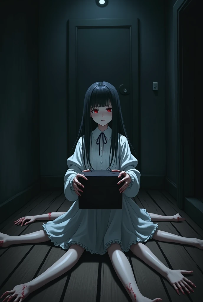 Canvas illustration, anime style, HD, high contrast, gothic background with creepy hands touching a young girl wearing a white robe. The girl has black hair, shedding tears. Holding stethoscope in one hand and the other hand is bleeding. The girl is wearing spectacles and her tears are red in colour. 
