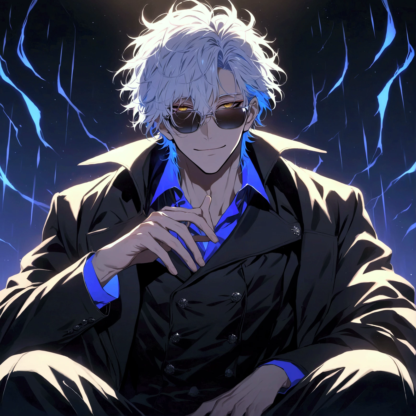 (solo), (1 male), (1 man), handsome men, (one man with White hair with BLUE inner hair color, yellow eyes), short hair, messy hair, sunglasses,((masterpiece)), (dark background: 1.3), (stylish), a long black coat ,dynamic angle, (detailed face, detailed eyes, proportional hands, proportional anatomy), sitting in a relaxed pose, sinister atmosphere, a nihilistic smile