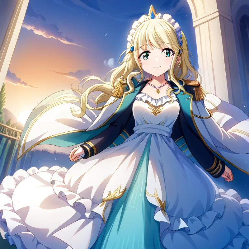 score_9, score_8_consolation, score_7_consolation, score_6_consolation, 1 woman, Shiori, Blonde hair , Long hair ,A jacket over the shoulder, Epolite , headdress, cold wind, Princess Dress , long dress, seafront, sunset,  light smile  , necklace
