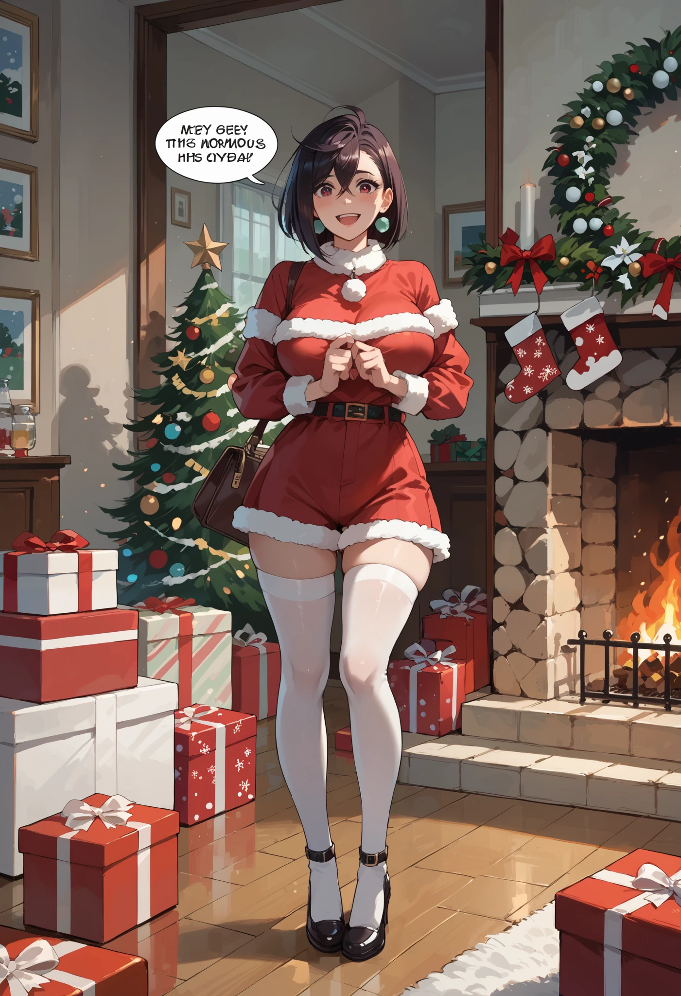 rape, Momose Momo in a Santa suit stands with a bag of gifts near a burning fireplace, large breasts, white stockings, a happy smile on her face, loud onomatopoeic speech, full-length front view