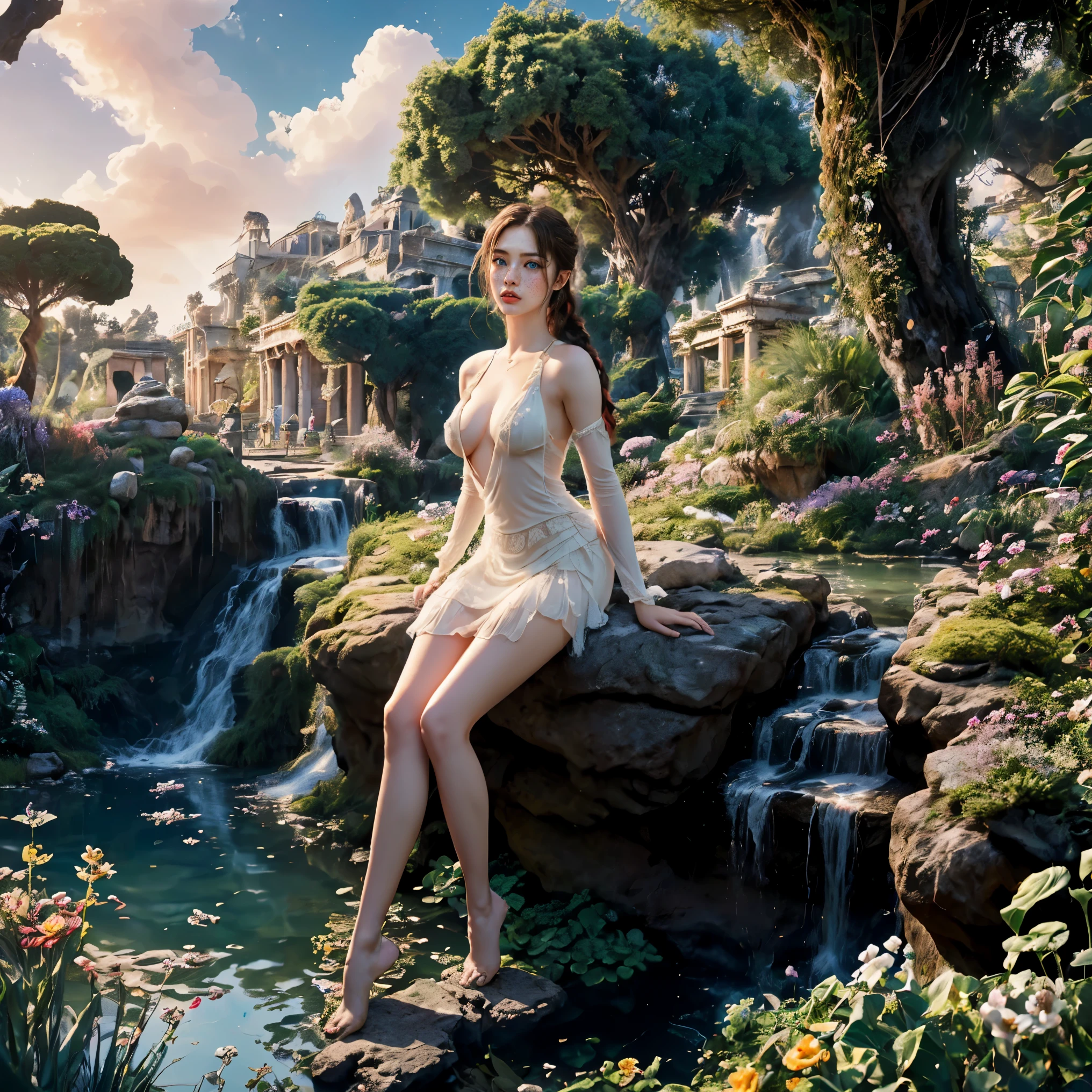 breathtaking, sexy seductive pose, (mystical, fantasy greek mythology:1.4), (((Full-body portrait of girl relaxing in fantasy greek mythology fairytale dreamscape world))), (wearing white see through athenian goddess minidress), (modestly dressed:1.25), (braid updo with flower hair), sexy, (see through breasts and pussy), long sleeve, slim body, (perfect breasts:1.3), epic, (rome city of greek temple, pandora world), fantasy, fairytale, highly detailed, (castle of gods, waterfall garden, mount of olympus from god of war, beuatiful sky, 45mm f1.8, elegant delicate beautiful, full of flower, shiny, surrounded by nucolored butterfly:1.3), award-winning, professional, highly detailed