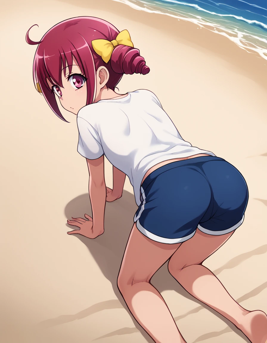 score_9,  source_Anime, rating_SAFETY BREAK 1GIRL , solo
hoshizora miyuki ,  pink hair,  twin drill, pink eye,((((T-Shirts、Shorts))))、( flat chest)、(beach)、(( on all fours 、Backwards、 Looking Back))