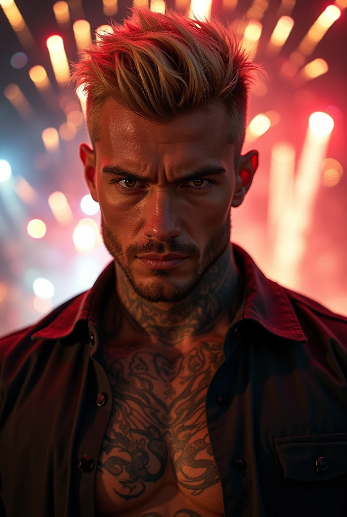 a man with an evil smile buttoning his shirt, raining in the city, fire burning in the background, Shaved head, red border lighting, 8k, UHD, [sincere, aficionado], cinematic lighting, Upper part of the body, Very detailed face, close up, serious face, villain