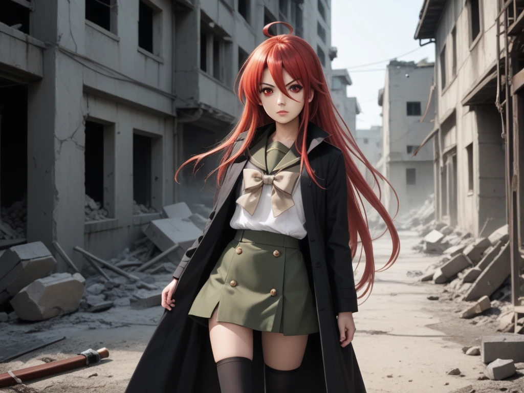 1 girl, cowboy shot, rubble ruins, anger, (battle preparation:1.2), open your mouth, (night:1.2), explosive inflammation,shana, red eyes, redhead, very long hair, hair between eyes, (Ahoge:1.1), explosive flame,abandoned building,rubble serafuku, , short sleeve, green skirt, Thighhighs,long Japanese sword wrapped in flames..,highest quality, masterpiece, High resolution, black long coat,
shana, red eyes, red hair, very long hair, hair between eyes, ahoge),  score_9, score_8_up, score_7_up, source_anime, Swing a sword with both hands ,(photo realistic:1.4),(realistic skin:1.4)