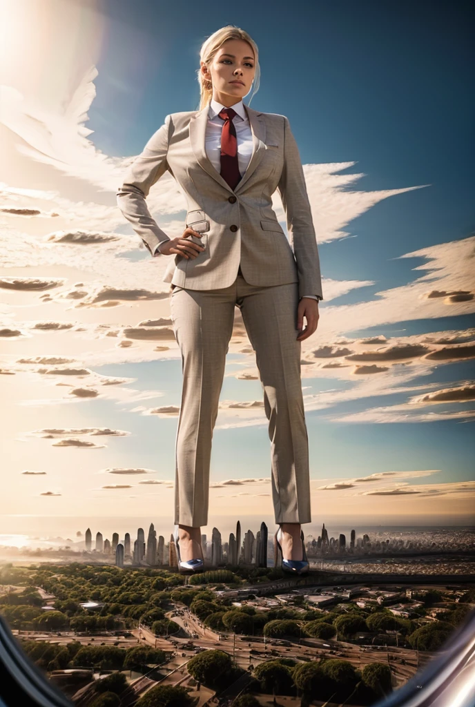 view from outer space of an approaching young giga giantess, Giantess art, 500 miles tall giga giantess, young white sophisticated and stylish woman in a light grey italian trouser suit, form fitting crisp office shirt, and a large wide striped red necktie in a large windsor knot, with a beautiful, curvaceous figure, large natural breasts, white blonde hair in a very long ponytail, with a curvaceous figure and massive breasts. wearing rounded court high heels with uncovered feet and standing, rampage-like pose, with a city skyscrapers background of mega-city, skyscapers, bright daylight, cloudy atmosphere. The image is a high-resolution, masterpiece-quality, cinematic, ultra-detailed, and hyper-photorealistic photograph, with perfect hands, face, and lighting. ultra-detailed, 8K, photo-realistic, hyper-realistic, masterpiece, intricate details, full body view. Looking pasted camera, The image is a high-resolution, masterpiece-quality, cinematic, ultra-detailed, and hyper-photorealistic photograph, with perfect hands, face, and lighting. ultra-detailed, 8K, photo-realistic, hyper-realistic, masterpiece, intricate details, from far down below