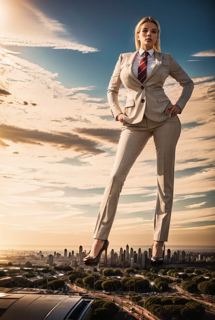 view from outer space of an approaching young giga giantess, Giantess art, 500 miles tall giga giantess, young white sophisticated and stylish woman in a light grey italian trouser suit, form fitting crisp office shirt, and a large wide striped red necktie in a large windsor knot, with a beautiful, curvaceous figure, large natural breasts, white blonde hair in a very long ponytail, with a curvaceous figure and massive breasts. wearing rounded court high heels with uncovered feet and standing, rampage-like pose, with a city skyscrapers background of mega-city, skyscapers, bright daylight, cloudy atmosphere. The image is a high-resolution, masterpiece-quality, cinematic, ultra-detailed, and hyper-photorealistic photograph, with perfect hands, face, and lighting. ultra-detailed, 8K, photo-realistic, hyper-realistic, masterpiece, intricate details, full body view. Looking pasted camera, The image is a high-resolution, masterpiece-quality, cinematic, ultra-detailed, and hyper-photorealistic photograph, with perfect hands, face, and lighting. ultra-detailed, 8K, photo-realistic, hyper-realistic, masterpiece, intricate details, from far down below