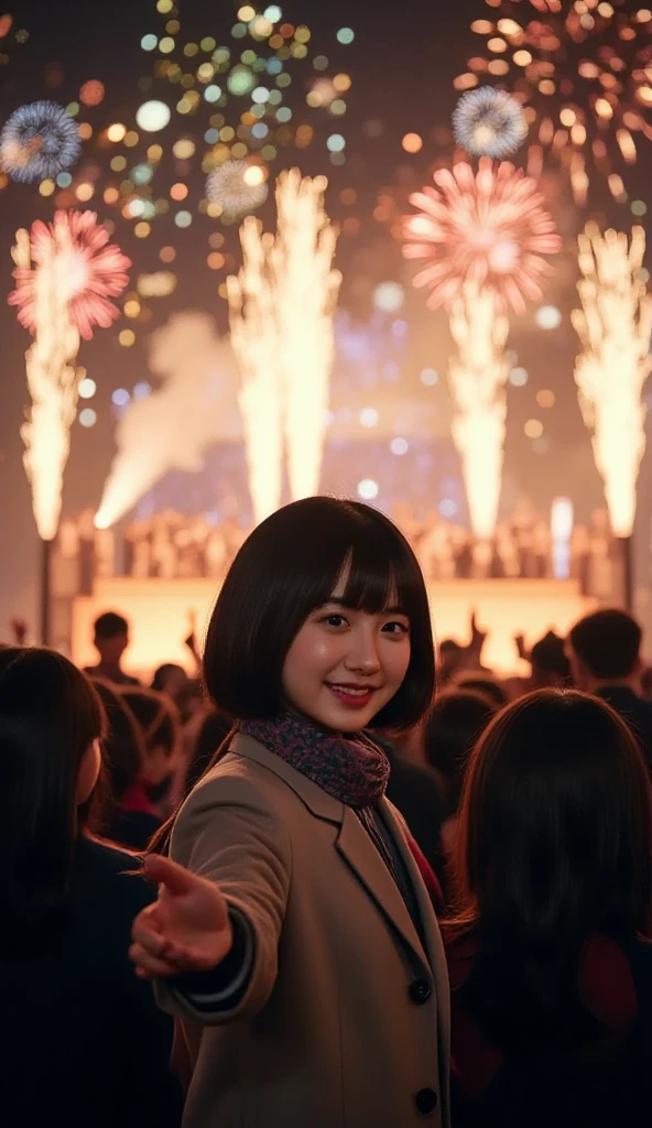 A vibrant and festive New Year  scene at night, featuring a crowd of people celebrating outdoors. The focus is on silhouetted figures with their hands raised in joy and excitement, facing a dazzling display of fireworks lighting up the night sky. The fireworks are colorful and dynamic, casting warm and golden hues over the crowd and creating a magical atmosphere. In the foreground, a girl is standing slightly apart from the crowd, but she is turning back toward the viewer, her face illuminated by the warm glow of the fireworks. She has a welcoming and cheerful expression, her arm extended toward the viewer as if inviting them to join the celebration. She is wearing a stylish winter coat and scarf, with her hair slightly tousled by the cool evening breeze. The background features a stage with blurred performers and warm lighting, adding to the energy of the celebration. The scene conveys excitement, warmth, and an inviting sense of joy as the New Year begins.