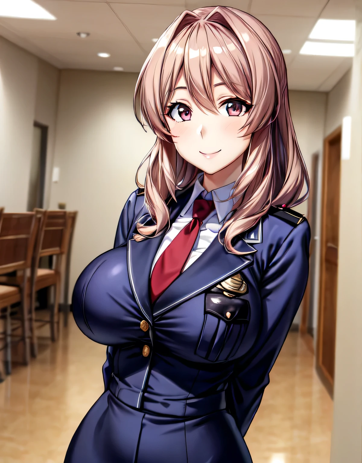 (large breasts:1.63),(shiny hair),((solo)),((masterpiece)),((best quality)),perfect anatomy,slim waist,perfect image,8k UHD,(beautiful detailed eyes:1.5),extremely detailed face,standing,(upper body:1.2),(look at the front:1.5),ultra-detailed,absurdres,ultra-highres,closed mouth,smile,arms behind back,blush,kh1,red necktie,shiny police uniform,pencil skirt,long sleeves,indoor room,smile,pink eyes,