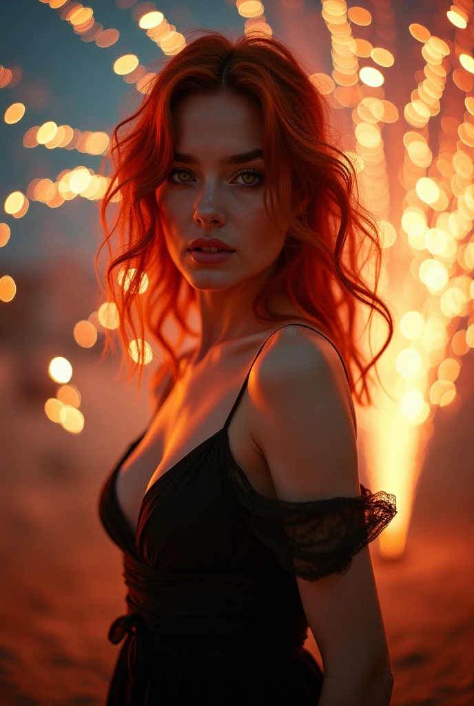 20 year old young woman wearing party outfit, curvy body shape, Curly and red hair, slightly tanned and flushed skin, small, delicate face and green eyes