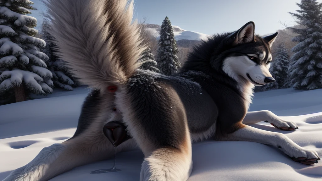 NSFW. ((Nude.)) Anna, Frozen, lying on a wolf, snowy landscape, (depth of field) ((best quality)), ((masterpiece)), (detailed)