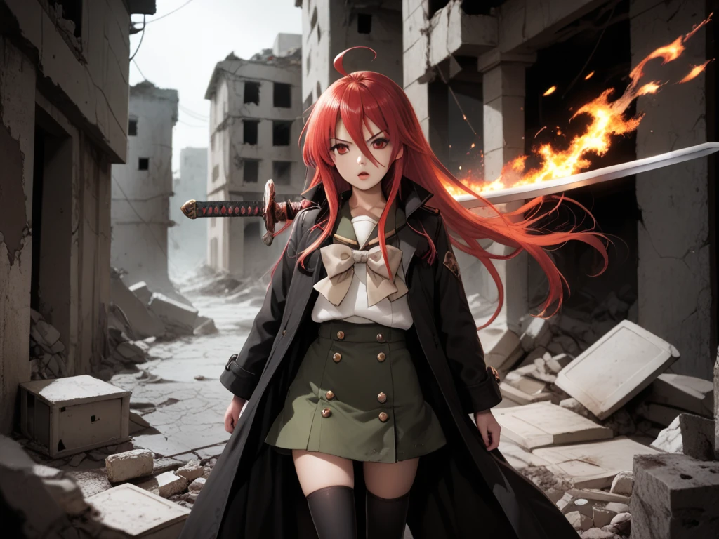 1 girl, cowboy shot, rubble ruins, anger, (battle preparation:1.2), open your mouth, (night:1.2), explosive inflammation,shana, red eyes, redhead, very long hair, hair between eyes, (Ahoge:1.1), explosive flame,abandoned building,rubble serafuku, , short sleeve, green skirt, Thighhighs,long Japanese sword wrapped in flames..,highest quality, masterpiece, High resolution, black long coat,
shana, red eyes, red hair, very long hair, hair between eyes, ahoge),  score_9, score_8_up, score_7_up, source_anime, Swing a sword with both hands ,(photo realistic:1.4),(realistic skin:1.4),photo realistic