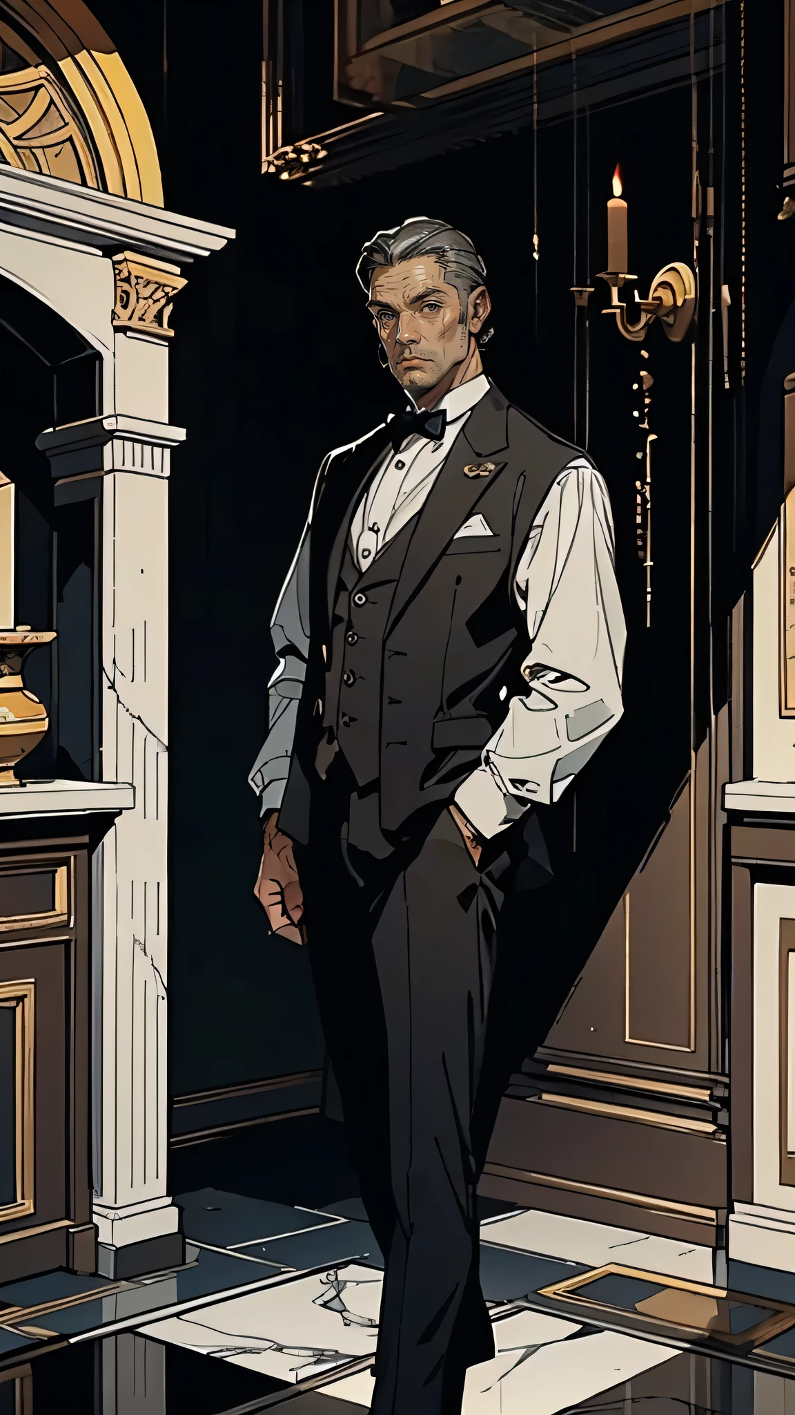 “An older Italian man in his mid-fifties, with a weathered face and intense eyes. He wears a well-tailored dark brown suit with a vest, standing in the grand entrance of his Sicilian villa. His graying hair is slicked back, and his expression is one of stern determination and revenge. The villa behind him is richly decorated, with marble floors and grand staircases, but the shadows hint at the darker side of his personality. His posture is tense, ready for action, symbolizing his relentless pursuit of power and revenge.”