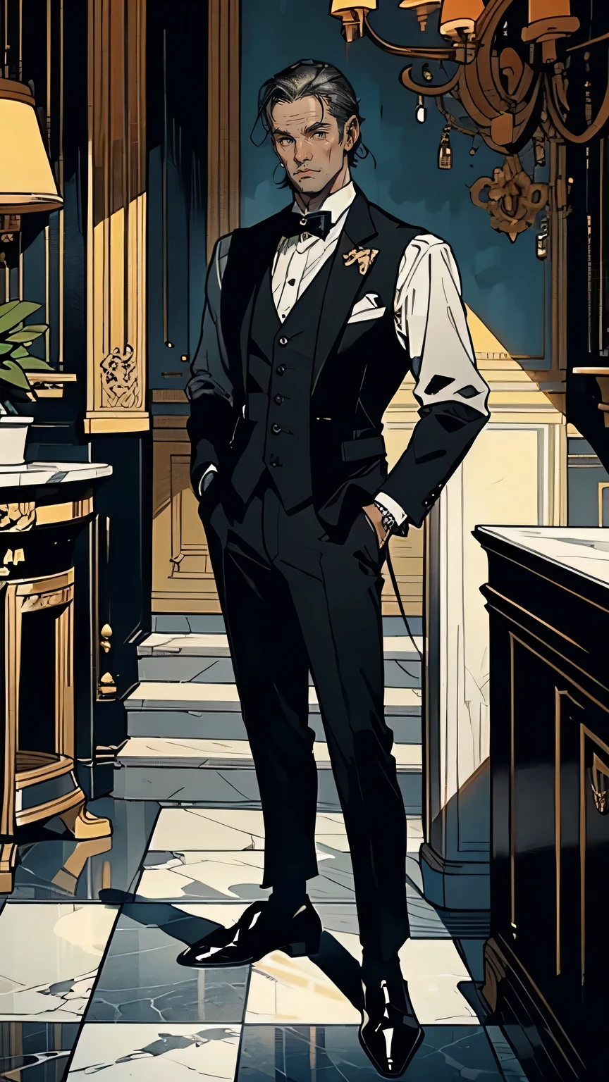 “An older Italian man in his mid-fifties, with a weathered face and intense eyes. He wears a well-tailored dark brown suit with a vest, standing in the grand entrance of his Sicilian villa. His graying hair is slicked back, and his expression is one of stern determination and revenge. The villa behind him is richly decorated, with marble floors and grand staircases, but the shadows hint at the darker side of his personality. His posture is tense, ready for action, symbolizing his relentless pursuit of power and revenge.”