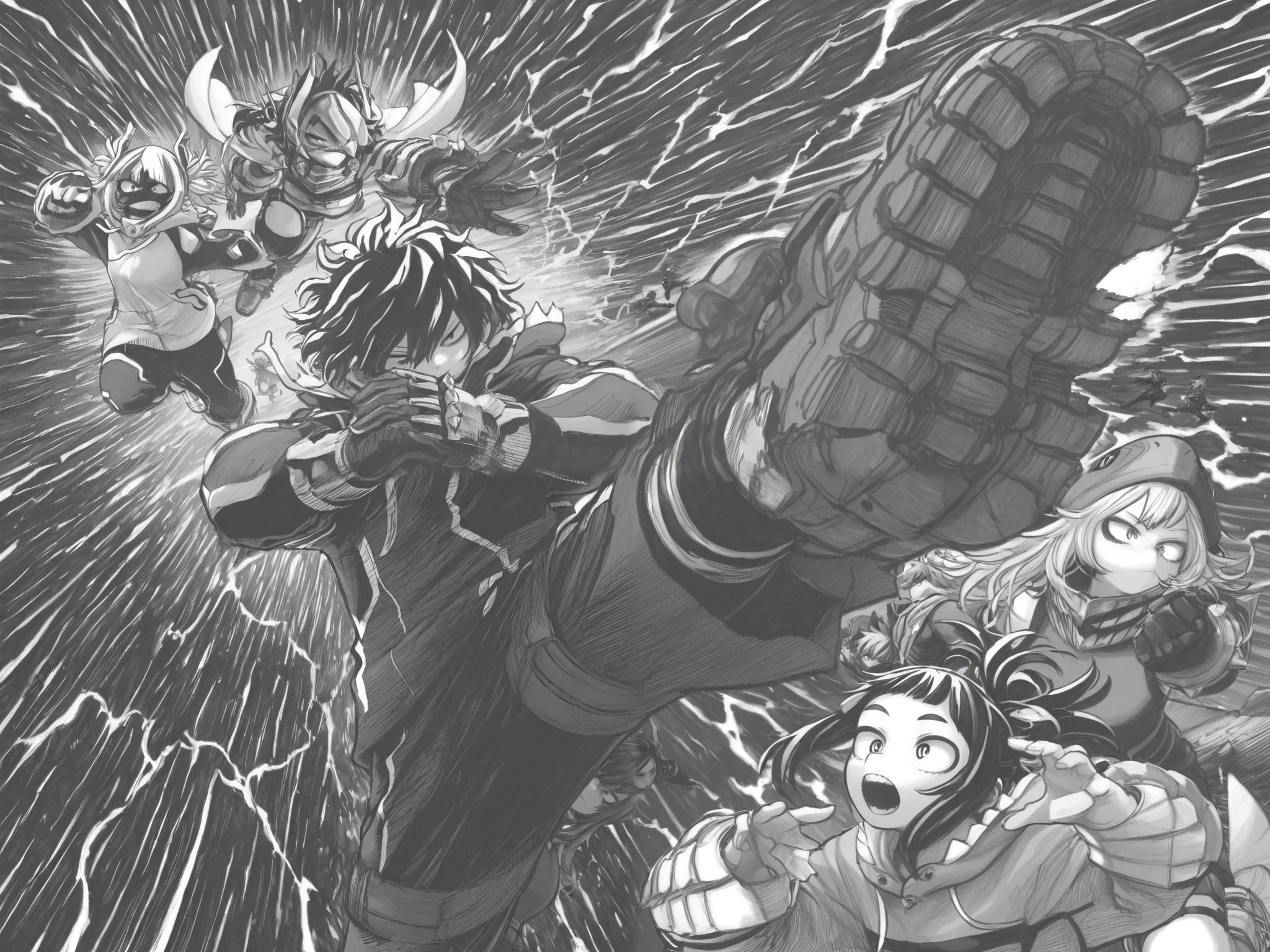score_9, score_8_up, score_7_up, score_6_up, score_5_up, score_4_up, Kohei Horikoshi, My Hero Academia, kentaro_miura_style, monochrome, greyscale
BREAK
(masterpiece: 1.0), best quality, monochrome, greyscale, crosshatching, directional hatching, gradients in shading, perfection, highly detailed hatching /texture/, extremely shaded
BREAK
4girls, Asian, anthro, dynamic pose, foreshortening, shark finned gauntlets, shark finned hoodies, half masks, action pose, high angle,