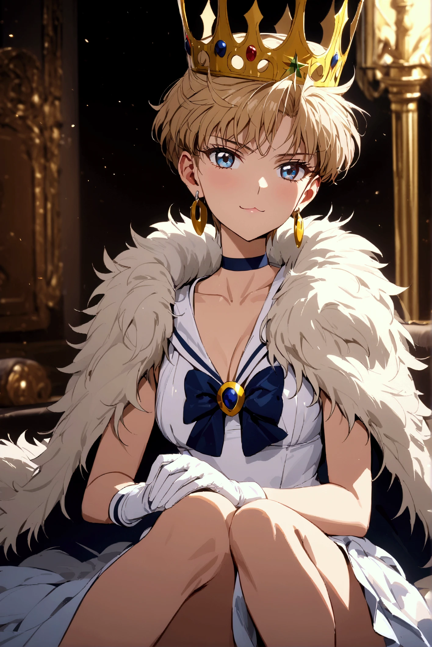  top quality ,  ultra detail, ( 1 girl, Alone,  Sailor Uranus,  very short hair,  crown,   jewelry,  earrings for women with first name,  choker ,  yellow ribbon,   white gloves, Short gloves,  ,,  is sitting, :3,),,  On a Fur Rug ,