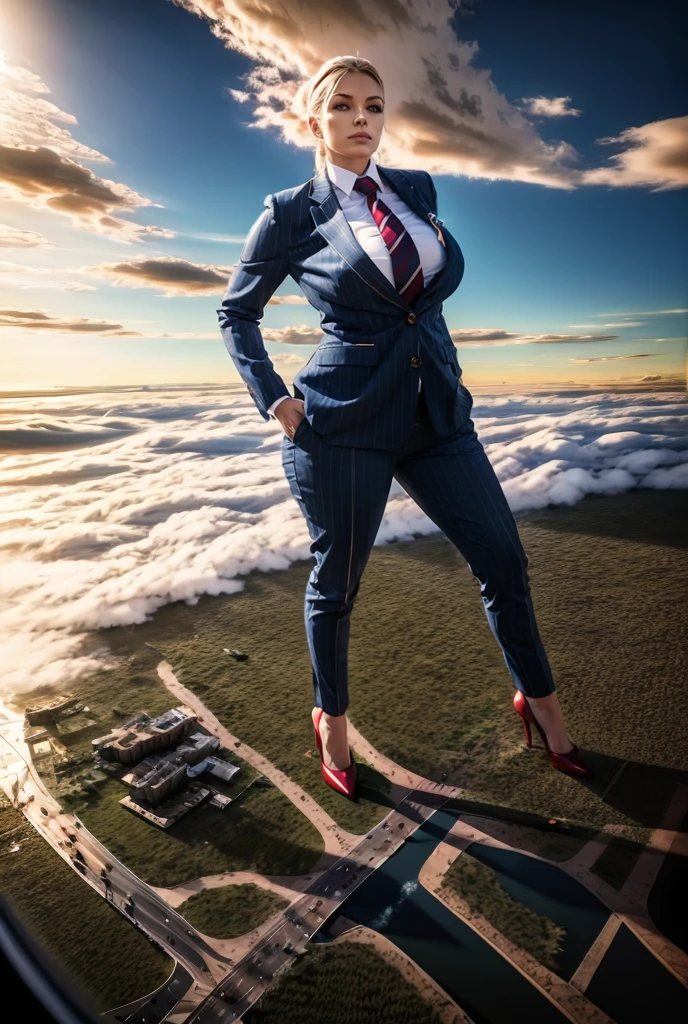 view from outer space of an approaching young giga giantess, Giantess art, 500 miles tall giga giantess, young white sophisticated and stylish woman in a blue italian trouser suit, form fitting crisp office shirt, and a large wide striped red necktie in a large windsor knot, with a beautiful, curvaceous figure, large natural breasts, white ginger hair in a very long ponytail, with a curvaceous figure and massive breasts. wearing rounded court high heels with uncovered feet and standing, rampage-like pose, with a city skyscrapers background of mega-city, skyscapers, bright mid day daylight, cloudy atmosphere. The image is a high-resolution, masterpiece-quality, cinematic, ultra-detailed, and hyper-photorealistic photograph, with perfect hands, face, and lighting. ultra-detailed, 8K, photo-realistic, hyper-realistic, masterpiece, intricate details, full body view. Looking pasted camera, The image is a high-resolution, masterpiece-quality, cinematic, ultra-detailed, and hyper-photorealistic photograph, with perfect hands, face, and lighting. ultra-detailed, 8K, photo-realistic, hyper-realistic, masterpiece, intricate details, from far down below