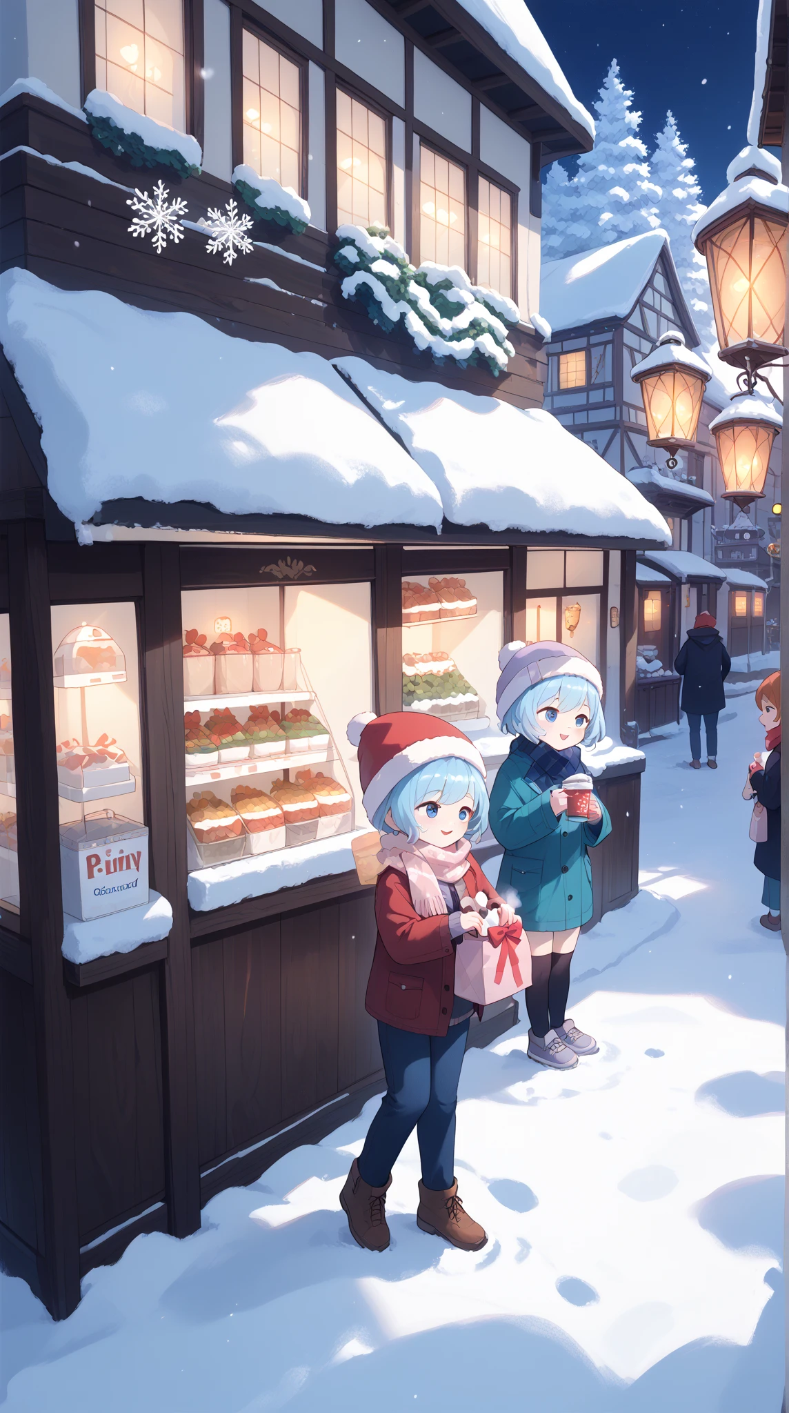 A cozy anime winter scene in a small, snowy town at night. The streets are lined with glowing lanterns, and snowflakes fall gently from the sky, blanketing the rooftops and sidewalks. A young couple walks together, their breaths visible in the cold air, while bundled in scarves and coats. The girl holds a warm drink, steam rising from the cup, while the boy carries a gift bag. A festive atmosphere surrounds them, with holiday decorations in shop windows and ren building snowmen in the distance. The scene is peaceful and heartwarming, evoking feelings of warmth despite the chilly weather.