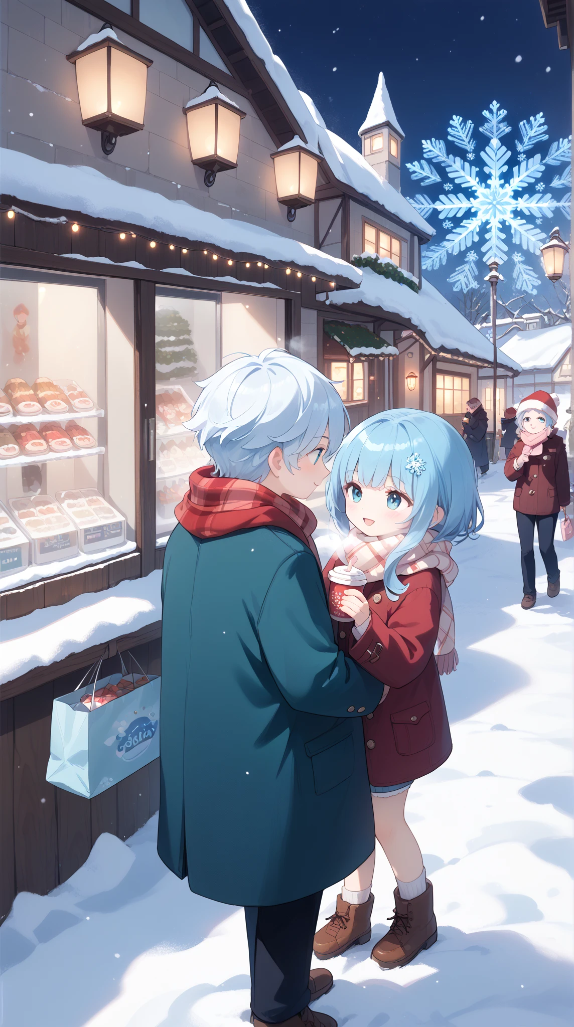 A cozy anime winter scene in a small, snowy town at night. The streets are lined with glowing lanterns, and snowflakes fall gently from the sky, blanketing the rooftops and sidewalks. A young couple walks together, their breaths visible in the cold air, while bundled in scarves and coats. The girl holds a warm drink, steam rising from the cup, while the boy carries a gift bag. A festive atmosphere surrounds them, with holiday decorations in shop windows and ren building snowmen in the distance. The scene is peaceful and heartwarming, evoking feelings of warmth despite the chilly weather.