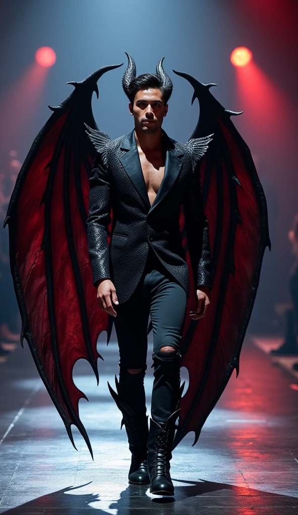 Full body shot of angry  guy from Korean with a singer idol appearance, flying in the air with black devil wings, lightning,  ,handsome, brown boots , nude body , midnight, raised a light power,torch, small soft man penis.