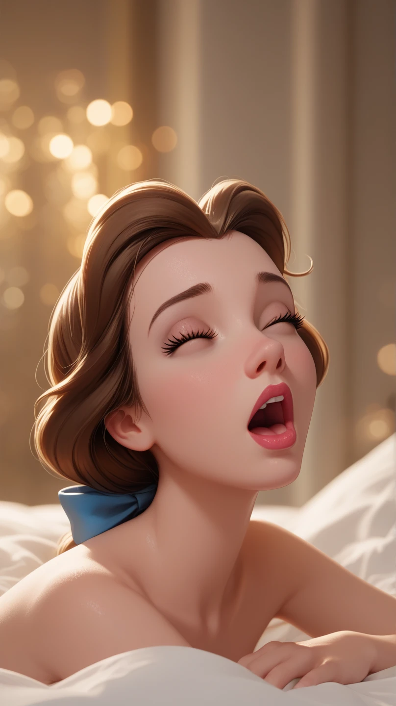 score_9, score_8_up, score_7_up, score_6_up, 1girl, full body view, BREAK (Disney's Belle, brown hair, close eyes, fair skin, open mouth, barefoot, blue bow, ponytail:1.3), Disney 3D render, fully body view, BREAK (elegant alcove :1.1), BREAK Belle fully naked, giving back, bending down on bed in a very sexy pose, showing buttocks, pussy and baresoles, (Belle's face exactly as original Disney character), BREAK shallow depth of field, vignette, highly detailed, high budget, bokeh, moody, epic, gorgeous.