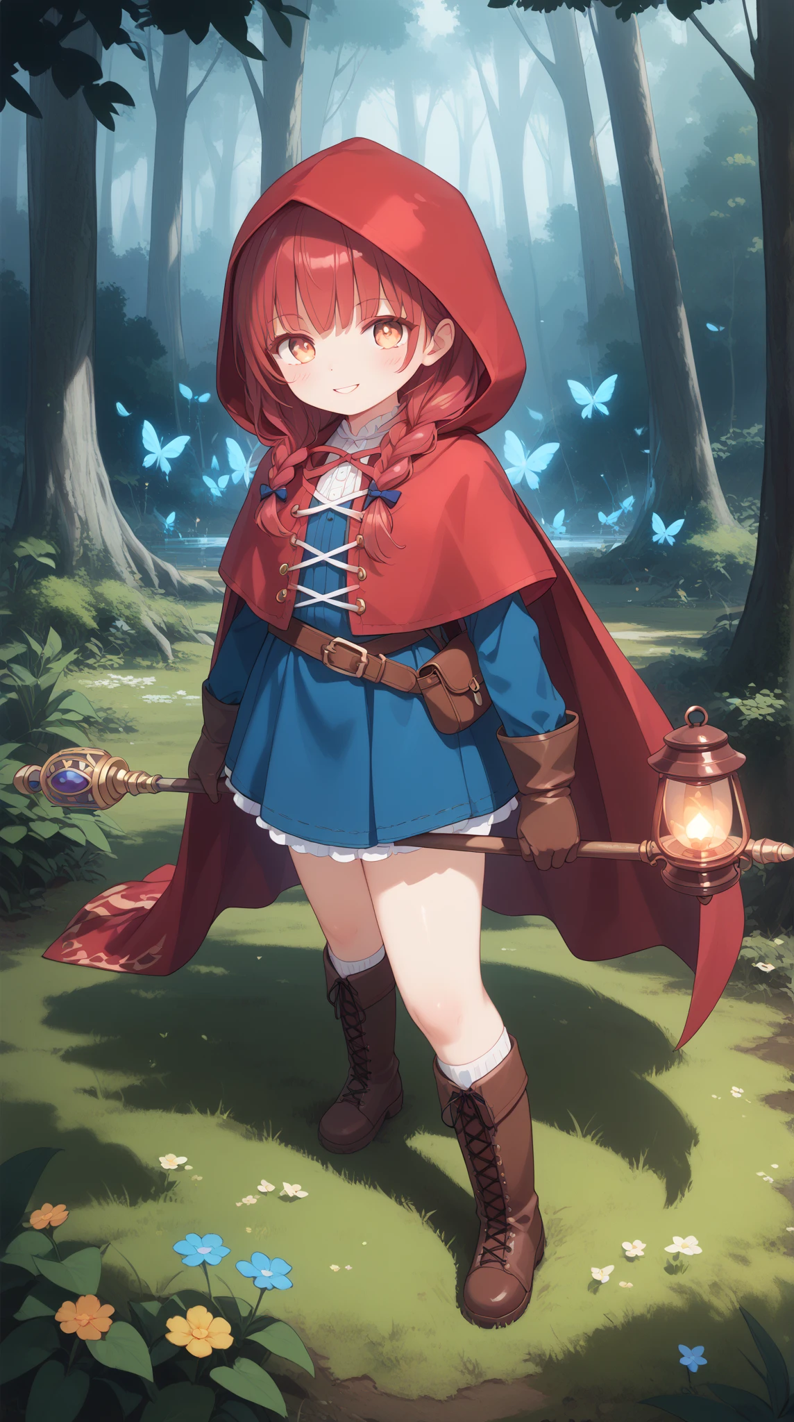 A magical anime scene featuring Little Red Riding Hood in a mystical forest. She is a  girl with bright red hair tied in a loose braid, wearing a modernized version of her iconic red cape—a flowing, hooded cloak with intricate golden embroidery. Her outfit is layered with leather boots, gloves, and a satchel. The forest around her is dark yet enchanting, with glowing blue mushrooms, bioluminescent flowers, and trees that seem alive with faces carved into their bark. She clutches a small lantern in one hand, and in the other, she holds a wooden staff engraved with runes, hinting at her hidden powers. Behind her, the glowing eyes of a shadowy wolf emerge from the dense mist, adding a sense of suspense.