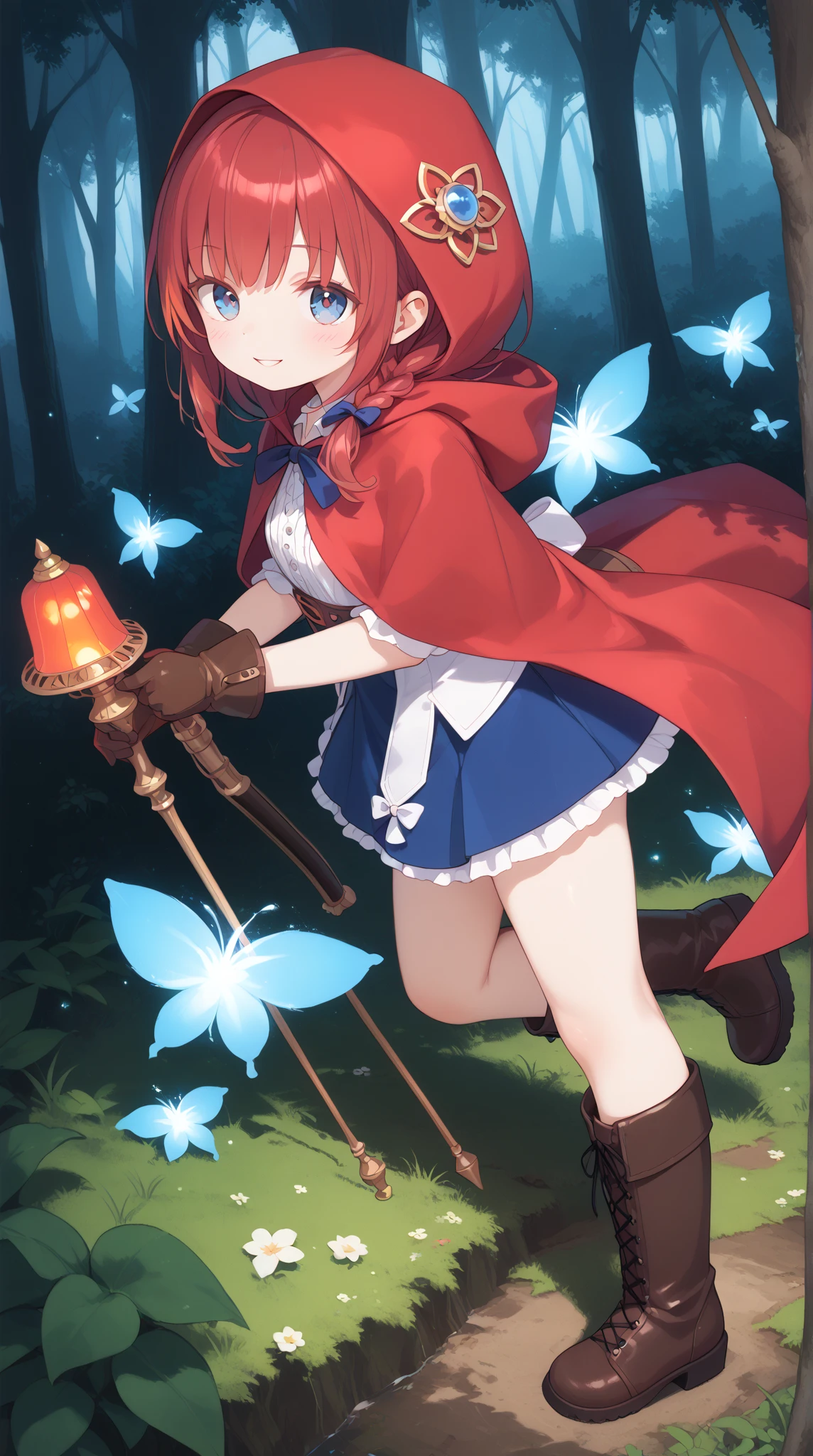 A magical anime scene featuring Little Red Riding Hood in a mystical forest. She is a  girl with bright red hair tied in a loose braid, wearing a modernized version of her iconic red cape—a flowing, hooded cloak with intricate golden embroidery. Her outfit is layered with leather boots, gloves, and a satchel. The forest around her is dark yet enchanting, with glowing blue mushrooms, bioluminescent flowers, and trees that seem alive with faces carved into their bark. She clutches a small lantern in one hand, and in the other, she holds a wooden staff engraved with runes, hinting at her hidden powers. Behind her, the glowing eyes of a shadowy wolf emerge from the dense mist, adding a sense of suspense.