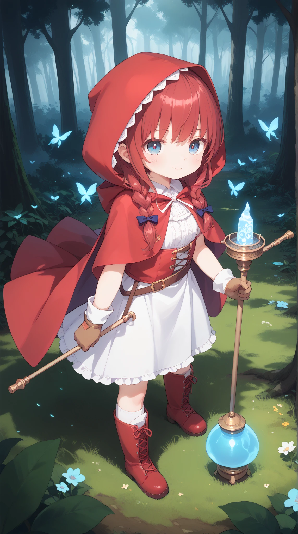 A magical anime scene featuring Little Red Riding Hood in a mystical forest. She is a  girl with bright red hair tied in a loose braid, wearing a modernized version of her iconic red cape—a flowing, hooded cloak with intricate golden embroidery. Her outfit is layered with leather boots, gloves, and a satchel. The forest around her is dark yet enchanting, with glowing blue mushrooms, bioluminescent flowers, and trees that seem alive with faces carved into their bark. She clutches a small lantern in one hand, and in the other, she holds a wooden staff engraved with runes, hinting at her hidden powers. Behind her, the glowing eyes of a shadowy wolf emerge from the dense mist, adding a sense of suspense.