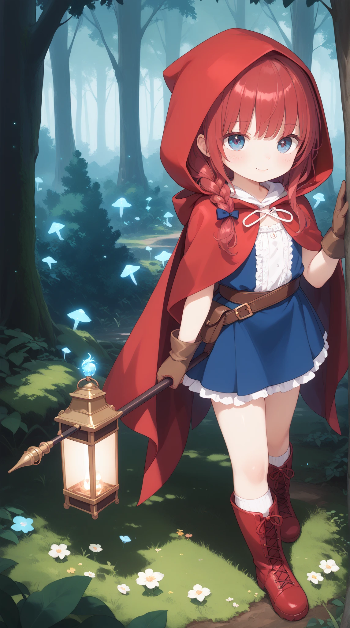 A magical anime scene featuring Little Red Riding Hood in a mystical forest. She is a  girl with bright red hair tied in a loose braid, wearing a modernized version of her iconic red cape—a flowing, hooded cloak with intricate golden embroidery. Her outfit is layered with leather boots, gloves, and a satchel. The forest around her is dark yet enchanting, with glowing blue mushrooms, bioluminescent flowers, and trees that seem alive with faces carved into their bark. She clutches a small lantern in one hand, and in the other, she holds a wooden staff engraved with runes, hinting at her hidden powers. Behind her, the glowing eyes of a shadowy wolf emerge from the dense mist, adding a sense of suspense.